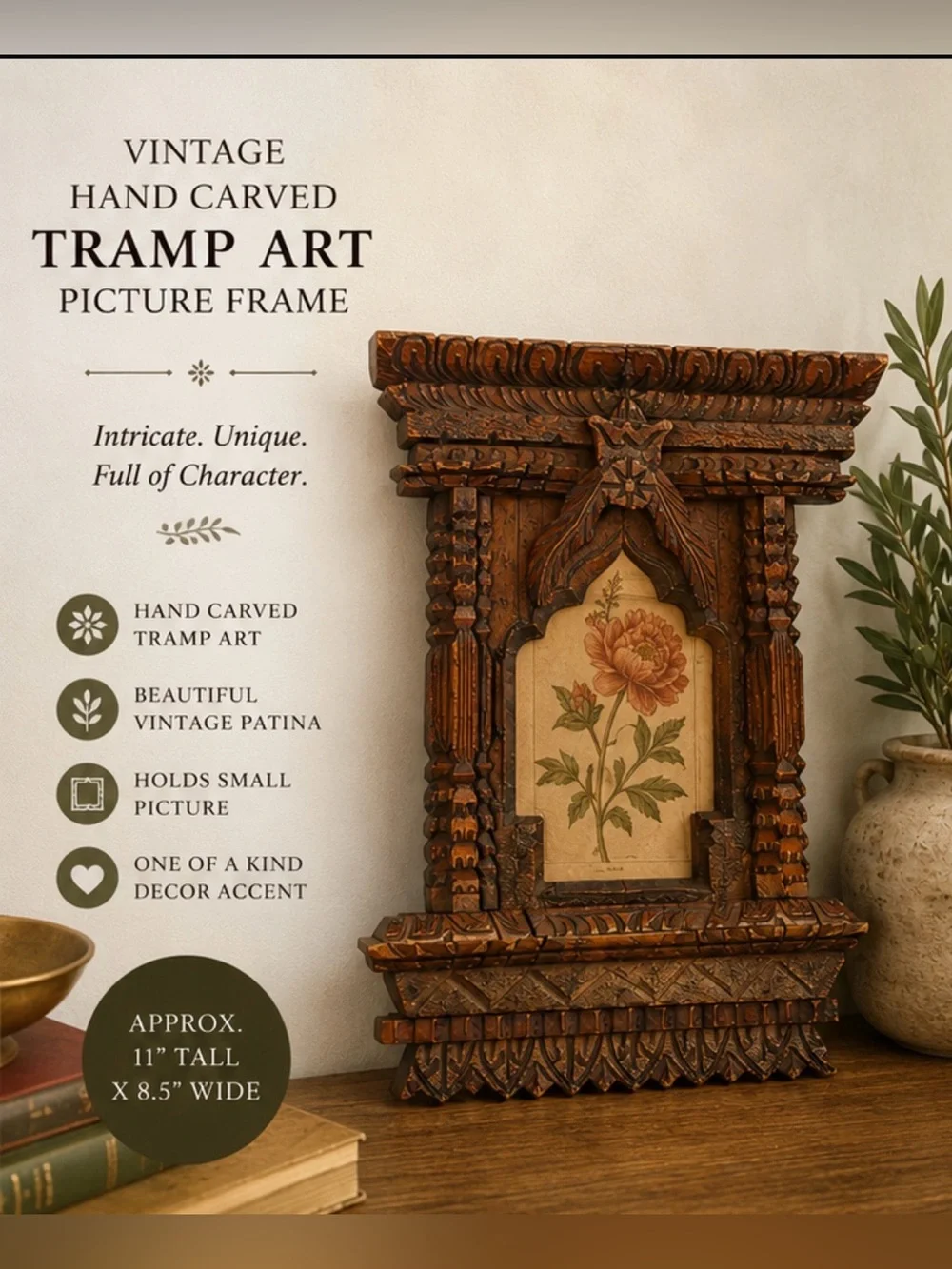 Vintage Hand Carved Wood Picture Frame Tramp Art Style Folk Art Ornate Art